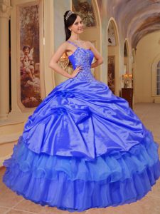 One-shoulder Floor-length Blue Taffeta Appliqued Quinceanera Dress with Pick-ups