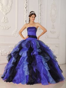 Multi-colored Strapless Floor-length Organza Beaded Quinceanera Dress with Ruffles