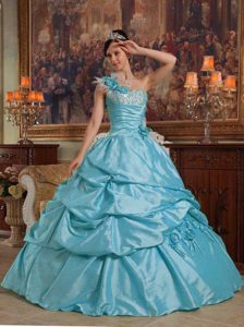Blue One-shoulder Appliqued Taffeta Quinceanera Dress with Pick-ups and Flowers