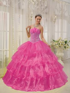 Rose Pink Strapless Layered Organza Quinceanera Dresses with Beading and Flower
