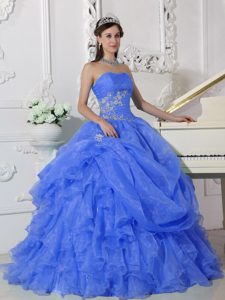 Blue Strapless Floor-length Organza Quinceanera Dresses with Appliques and Ruffles