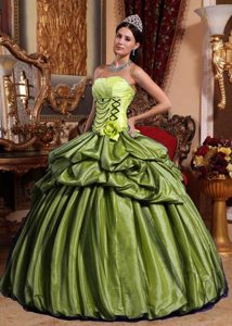 Olive Green Strapless Taffeta Ball Gown Quinceanera Dress with Pick-ups and Flower