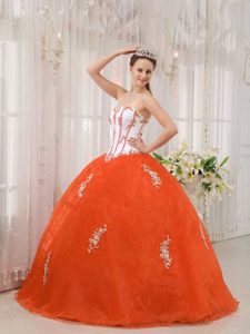 White and Orange Sweetheart Ball Gown Organza Sweet 16 Dresses with Appliques