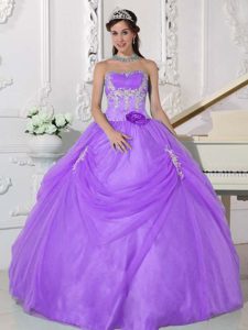 Strapless Lavender Appliqued Organza Quinceanera Gown with Flower and Pick-ups