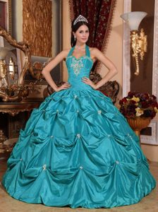Snazzy Halter Teal Ball Gown Taffeta Quinceanera Dress with Pick-ups and Appliques