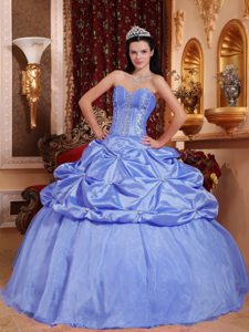 Sweetheart Light Blue Taffeta Beaded Sweet Sixteen Dresses with Pick-ups for Cheap