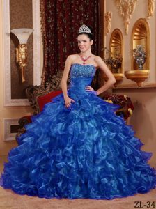 Blue Strapless Organza Quinceanera Dress with Beading and Ruffles on Promotion