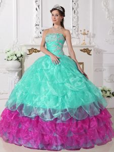 Strapless Organza Green and Hot Pink Quinceanera Dress with Layers and Appliques