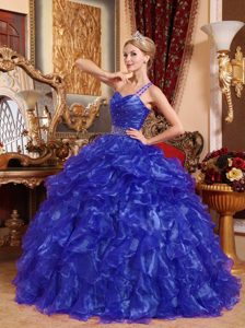 One-shoulder Bright Blue Organza Quinceanera Gown Dress with Ruffles and Beading