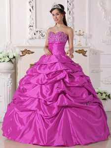 Taffeta Hot Pink Sweetheart Quinceanera Dress with Beading and Pick-ups for Less