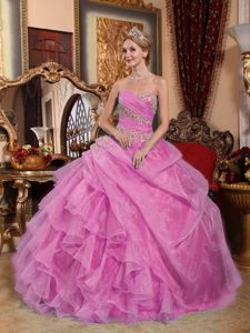 Rose Pink Sweetheart Layered Organza Sweet 16 Dress with Pick-ups and Appliques