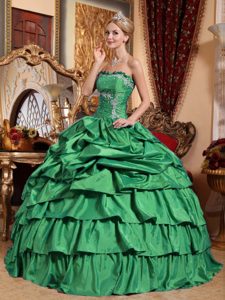 Strapless Green Layered Taffeta Dress for Quinceanera with Appliques and Pick-ups