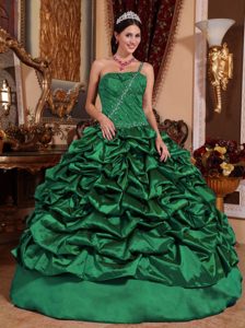 Hunter Green One-shoulder Taffeta Dress for Quinceanera with Beading and Pick-ups