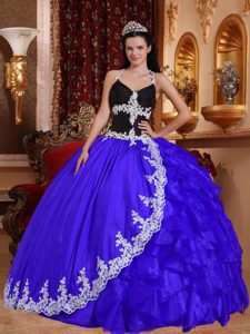 New Halter Ruched Black and Blue Ruffled Organza Quinceanera Dress with Appliques