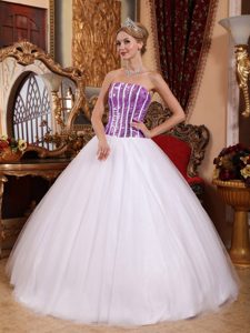 Best Purple Sequin and White Tulle Strapless Quinceanera Gown Dress on Promotion