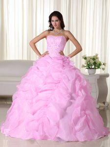 New Strapless Pink Ball Gown Organza Quinceanera Dress with Beading and Flounce