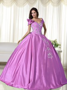 Rose Pink off-the-shoulder Embroidered Taffeta Quinceanera Dresses with Flowers