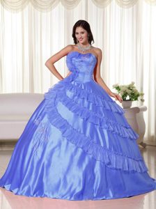Strapless Blue Ball Gown Taffeta Quinceanera Dresses with Embroidery and Flounce