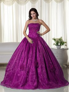 Strapless Floor-length Fuchsia Organza Dress for Quinceanera with Beading on Sale