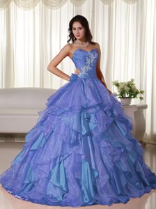 Cheap Bright Blue Sweetheart Ball Gown Organza Quinceanera Dress with Appliques