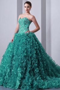 Turquoise Sweetheart Court Train Appliqued Sweet Sixteen Dress with Ruffles on Sale