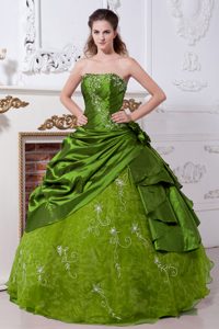 Appliqued Olive Green Strapless Taffeta Quinceanera Dress with Pick-ups and Flower