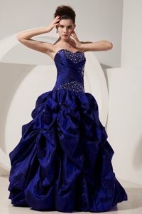 Sweetheart Royal Blue Taffeta Dress for Quince with Beading and Pick-ups on Sale