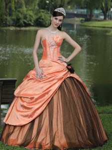 Chichi Strapless Orange Taffeta Dress for Quinceanera with Pick-ups and Appliques