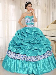 Aqua Blue Taffeta and Printing Quince Dresses with Beading and Pick-ups