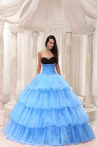Aqua Blue Beaded and Layered Quinces Dresses in Taffeta and Organza