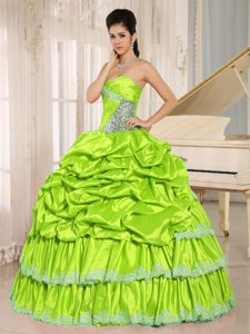 Yellow Green Beaded Sweet Quinceanera Dress with Appliques and Pick-ups