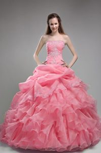 Watermelon Strapless Organza Quinceanera Gown with Beading and Ruffles