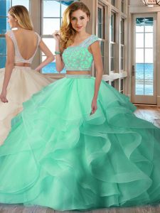 Superior Scoop Apple Green Organza Backless Quinceanera Gowns Cap Sleeves Floor Length Beading and Ruffles