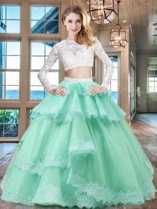 Deluxe Apple Green Scoop Neckline Beading and Lace and Ruffled Layers Quinceanera Dress Long Sleeves Zipper