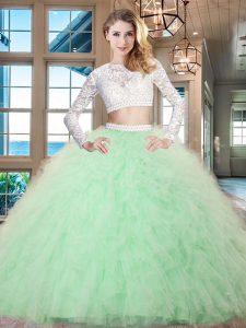 Apple Green Two Pieces Tulle Scoop Long Sleeves Beading and Lace and Ruffles Floor Length Zipper Quinceanera Dress
