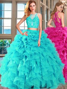 Extravagant Scoop Sleeveless Organza Floor Length Lace Up Quince Ball Gowns in Aqua Blue with Appliques and Ruffles