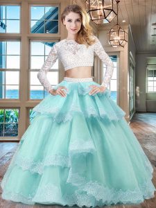 Noble Scoop Long Sleeves Tulle and Lace Sweet 16 Quinceanera Dress Beading and Lace and Ruffled Layers Zipper