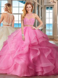 Organza Sleeveless With Train Quinceanera Dress Brush Train and Beading and Ruffles