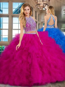 Fuchsia Two Pieces Tulle Scoop Sleeveless Beading and Ruffles Floor Length Backless Ball Gown Prom Dress