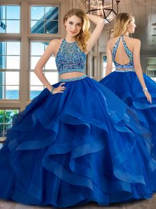 Super Royal Blue Scoop Neckline Beading and Ruffles Quinceanera Dresses Sleeveless Backless