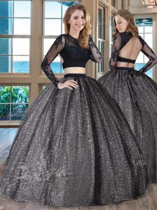 Deluxe Scoop Long Sleeves Floor Length Backless Vestidos de Quinceanera Black for Military Ball and Sweet 16 and Quinceanera with Appliques