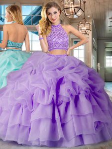 Exquisite Lavender Halter Top Neckline Beading and Ruffled Layers and Pick Ups Sweet 16 Dresses Sleeveless Backless