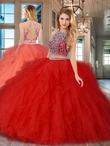 Designer Scoop Red Sleeveless Tulle Backless Vestidos de Quinceanera for Military Ball and Sweet 16 and Quinceanera