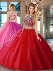 Extravagant Floor Length Red Quinceanera Dress Scoop Sleeveless Backless