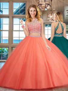 Custom Made Scoop Watermelon Red Backless Quince Ball Gowns Beading Sleeveless Floor Length