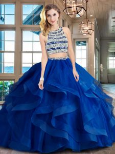 Amazing With Train Royal Blue Vestidos de Quinceanera Scoop Sleeveless Brush Train Backless
