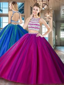 Classical Scoop Sleeveless Floor Length Beading Backless Quinceanera Gowns with Fuchsia