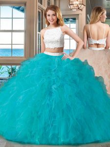 Gorgeous Straps Sleeveless Tulle Floor Length Backless Quinceanera Dresses in Blue with Beading