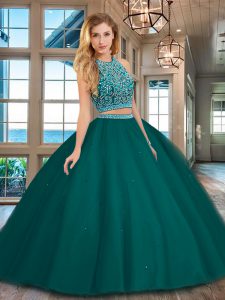 Dark Green Vestidos de Quinceanera Military Ball and Sweet 16 and Quinceanera with Beading Scoop Sleeveless Backless
