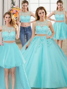 Fitting Four Piece Scoop Aqua Blue Sleeveless Floor Length Beading and Appliques Zipper Quince Ball Gowns